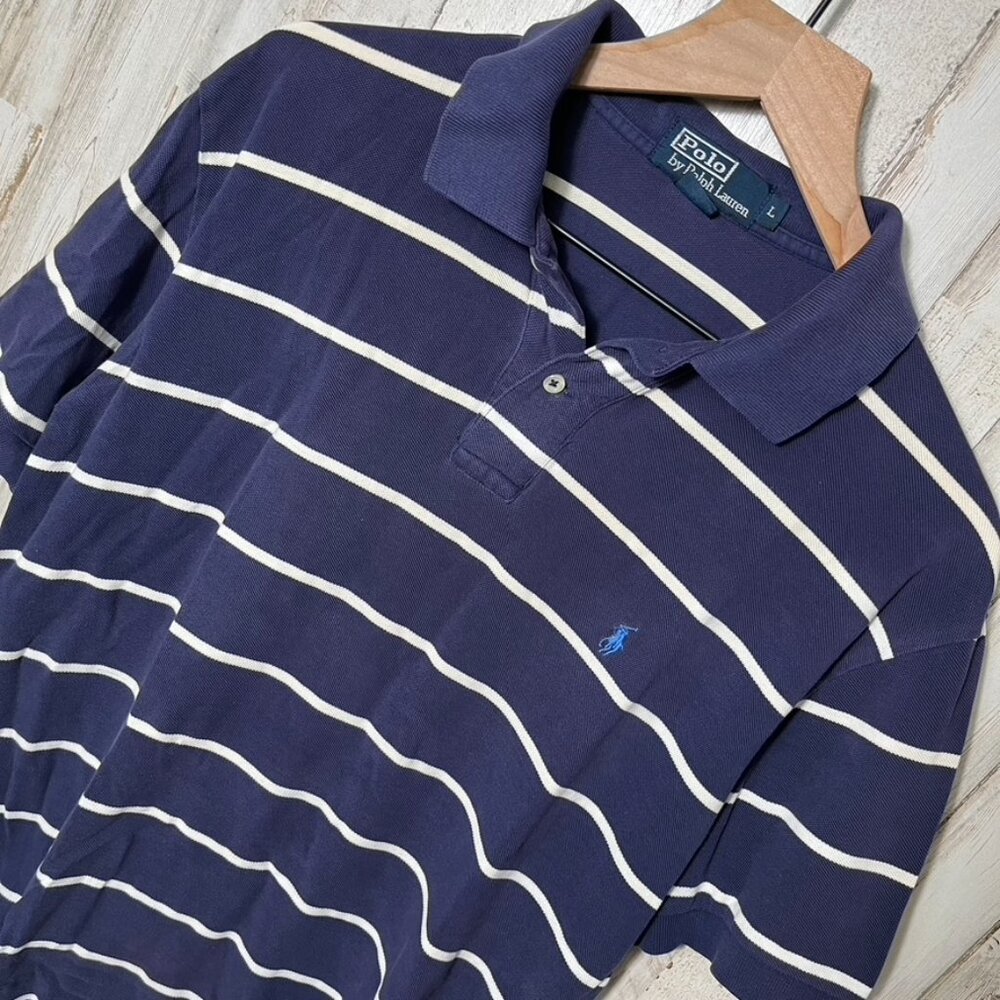 Polo Ralph Lauren Stripe Navy Blue White Short Sleeve‎ Polo Shirt Mens Large